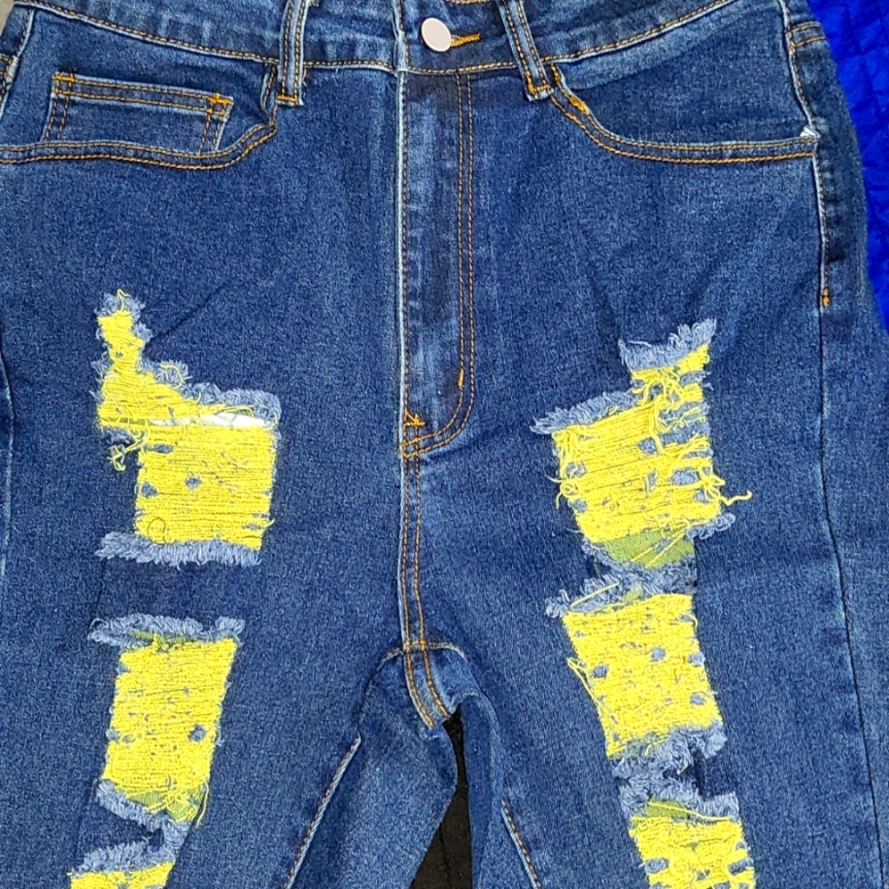 SHEIN Blue High-Rise Jeans with Yellow Distressed Panels